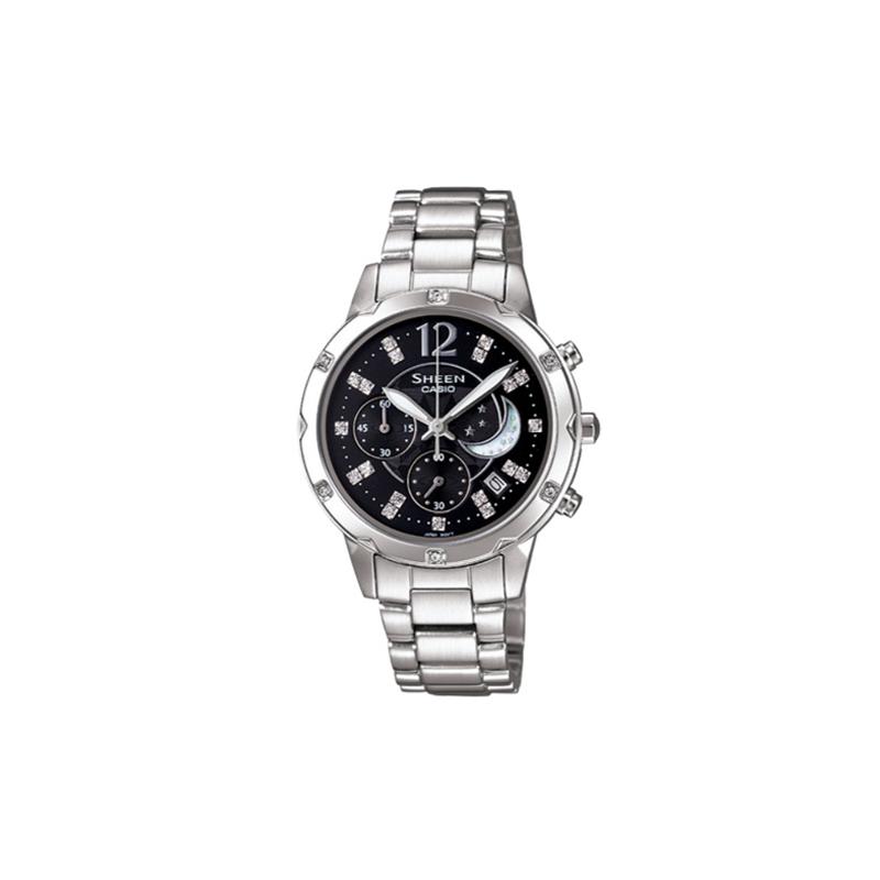 

Casio SHEEN black plate with star and moon pattern, simple business date display small disc, quartz movement, stainless steel strap, SHE-5017D-1A чёрный