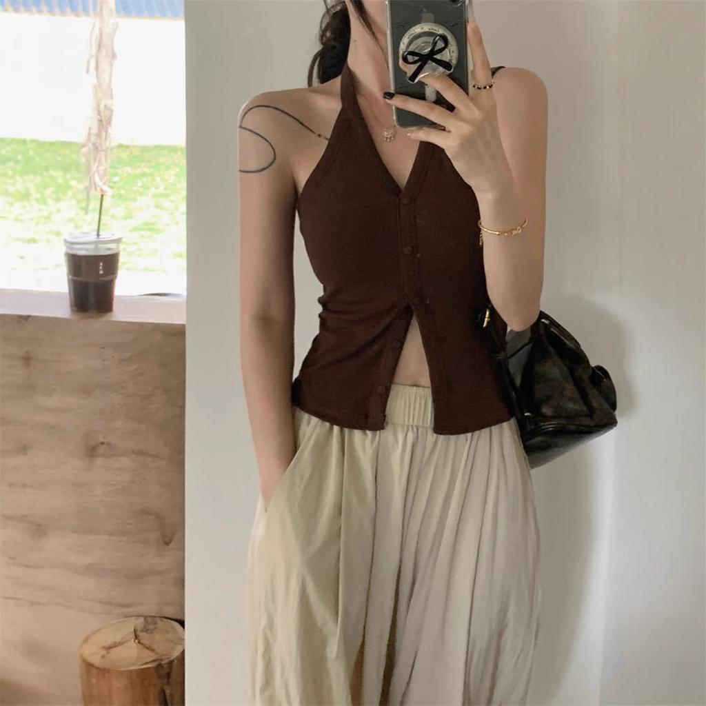 #Neck Vest Women's Summer Outer Wear Design Sense Niche Chic Beautiful Spice Girl Top with Chest Pad Outer Wear