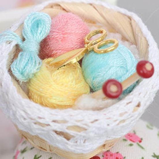 Knitting Tool Model Colorful Miniature Bamboo Basket Braided Yarn Ball Ornament for Dollhouse Decorations