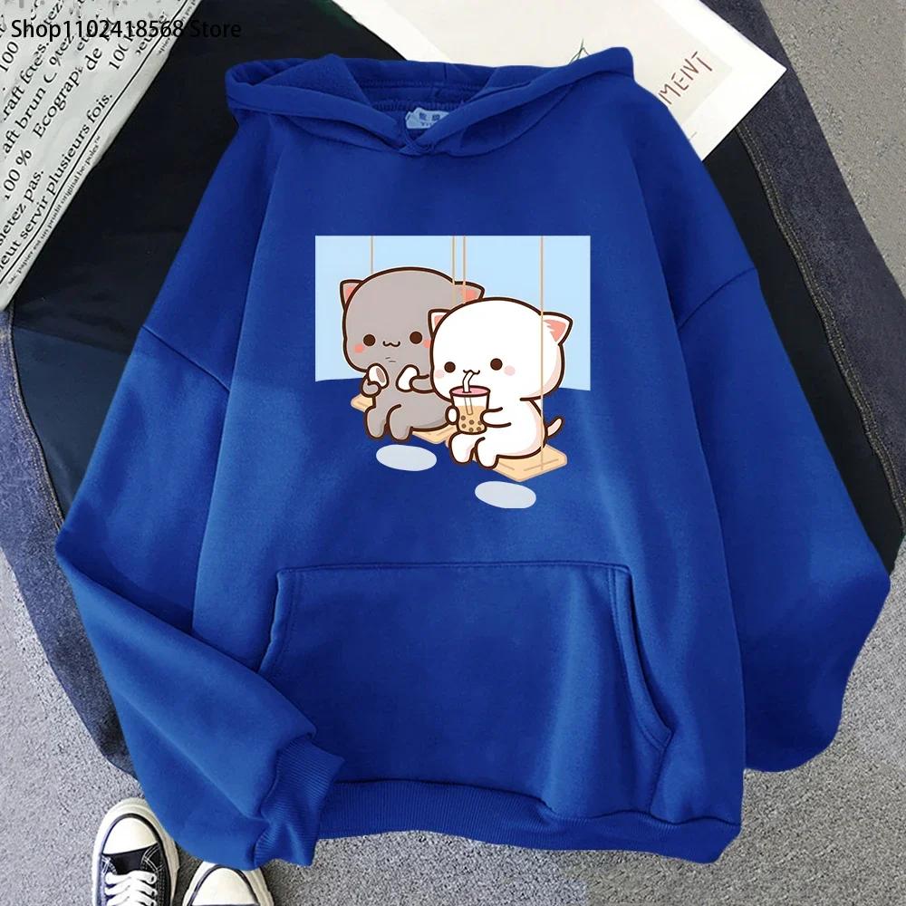 Cute Peach Cat Cartoon Hoodies Bubble Tea Sweatshirt Mujer Camisetas Black Top Winter Kawaii Graphic Long Sleeve Clothing