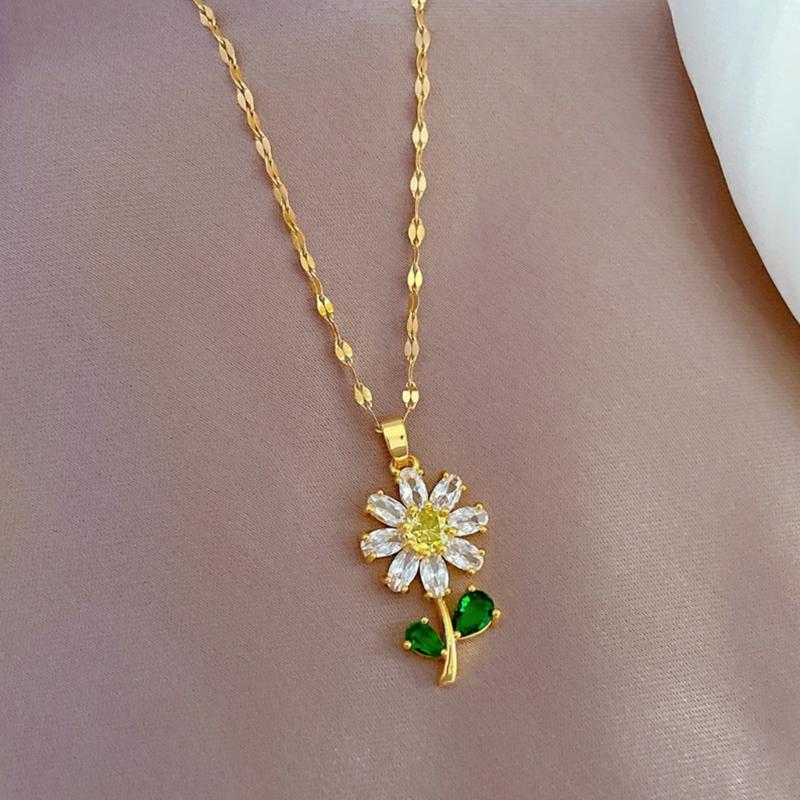 Gold Plated Sunflower Necklace for Women Jewelry Stainless Steel Zircon Big Pendant Necklace Luxury Choker Korea Style