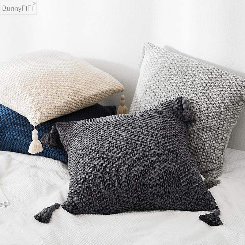 Neue Geometrische Gestrickte Kissenhülle Vintage Grau Kissen Elfenbein Quasten 45cm*45cm Weiche Heimdeko Kissenbezug