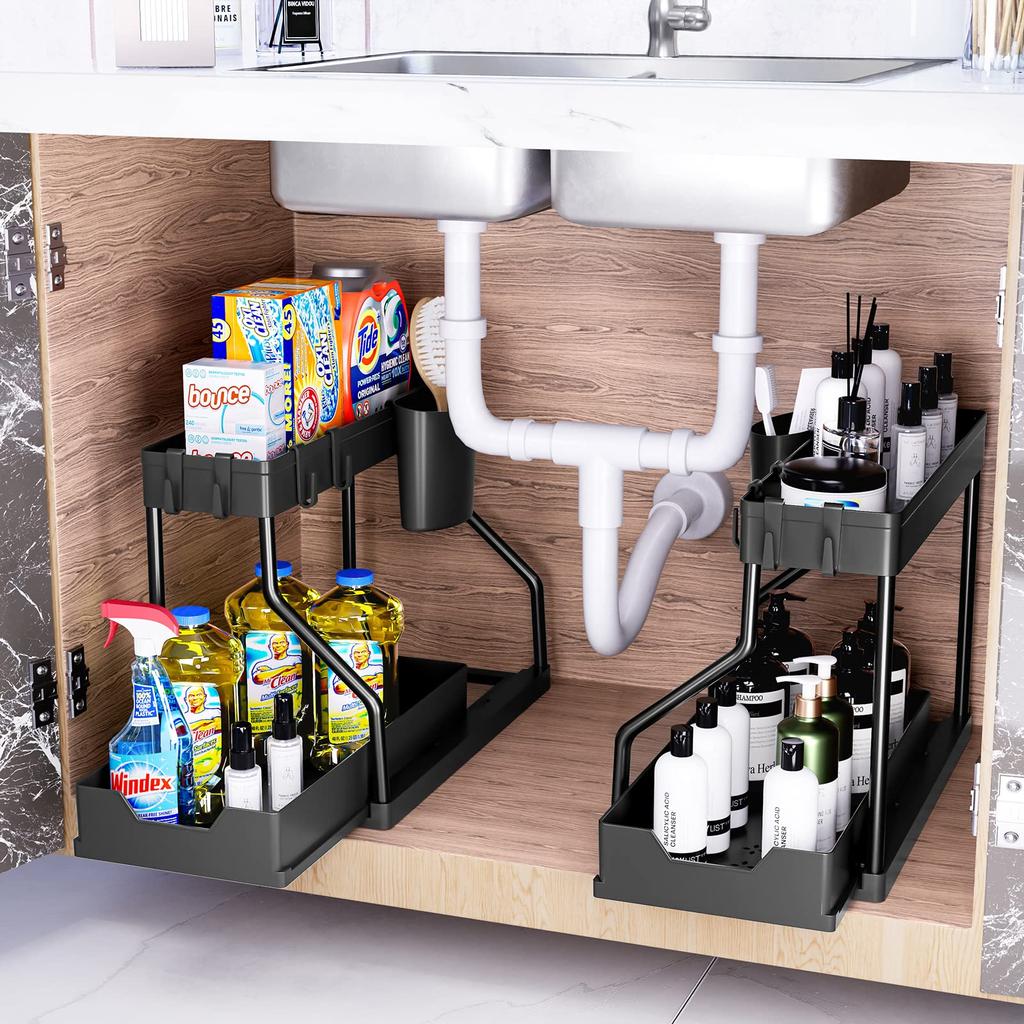 Under Sink Organizer 2-Tier L-Shape Sliding Under Sink Organizers and Storage, Pull Out Under Sink Counter Storage Organizer