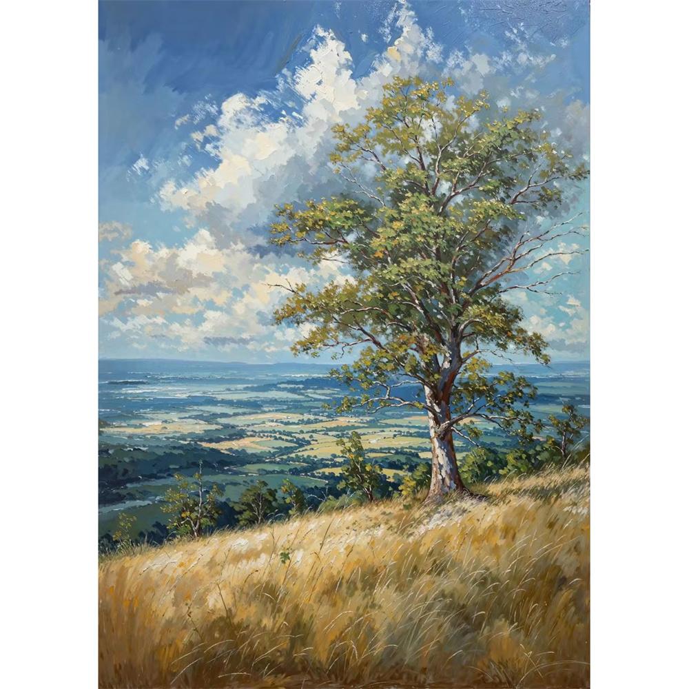 Cabana na Montanha Vista do Vale Caminho de Outono Prado de Verão Floresta de Árvores Nuvem Pôster Pintura em Tela Impressão para Sala de Estar Decoração de Casa
