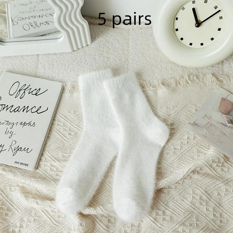 5 Pairs Winter Mink Velvet Socks Women White Black Warm Plush Home Sleeping Sock Soft Thicken Thermal Fluffy Middle Tube Socks