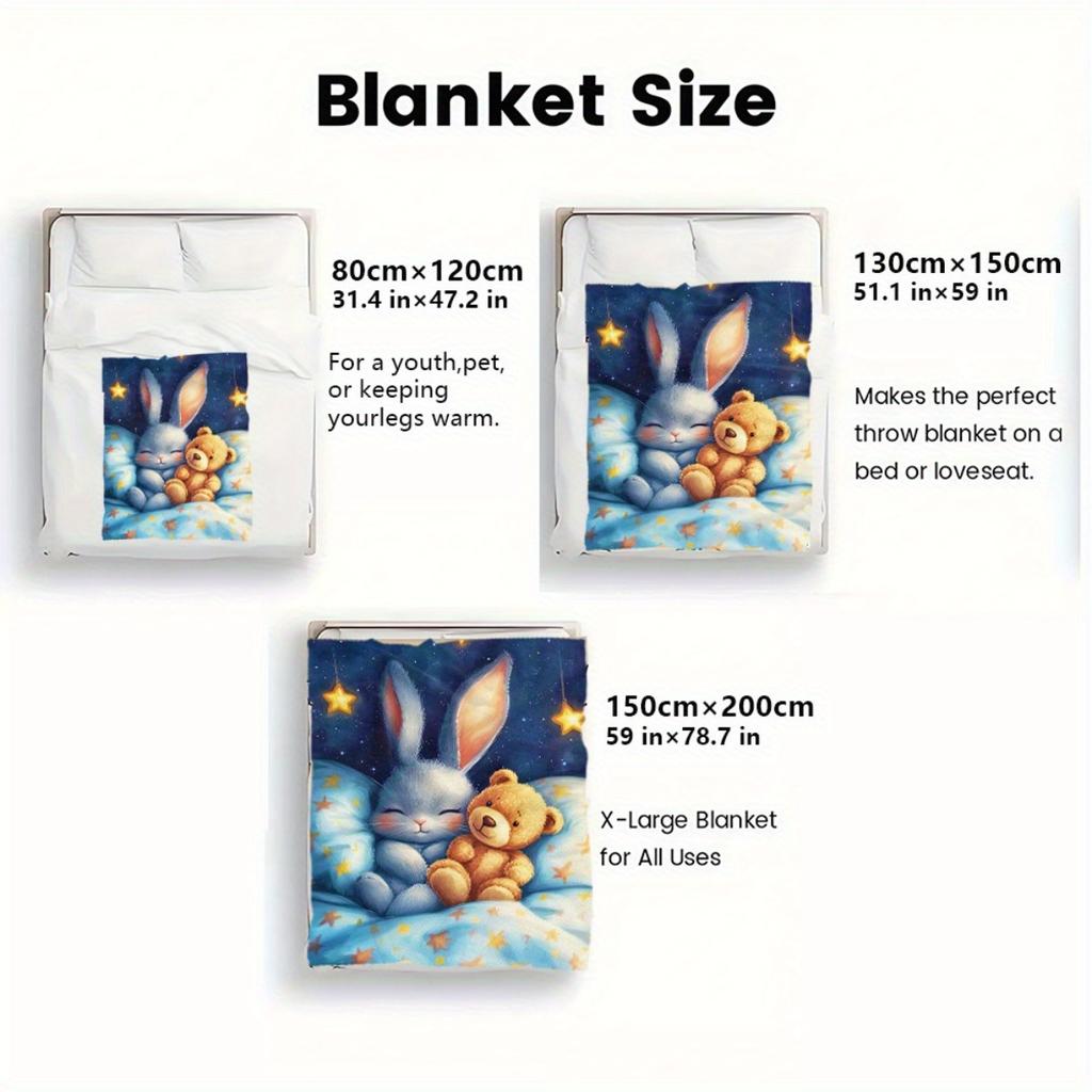 1pc Sleeping Bunny and Teddy Bear Starry Night Fleece Blanket Flannel Throw Cute Kids Bedding Soft Comforter for Children Room