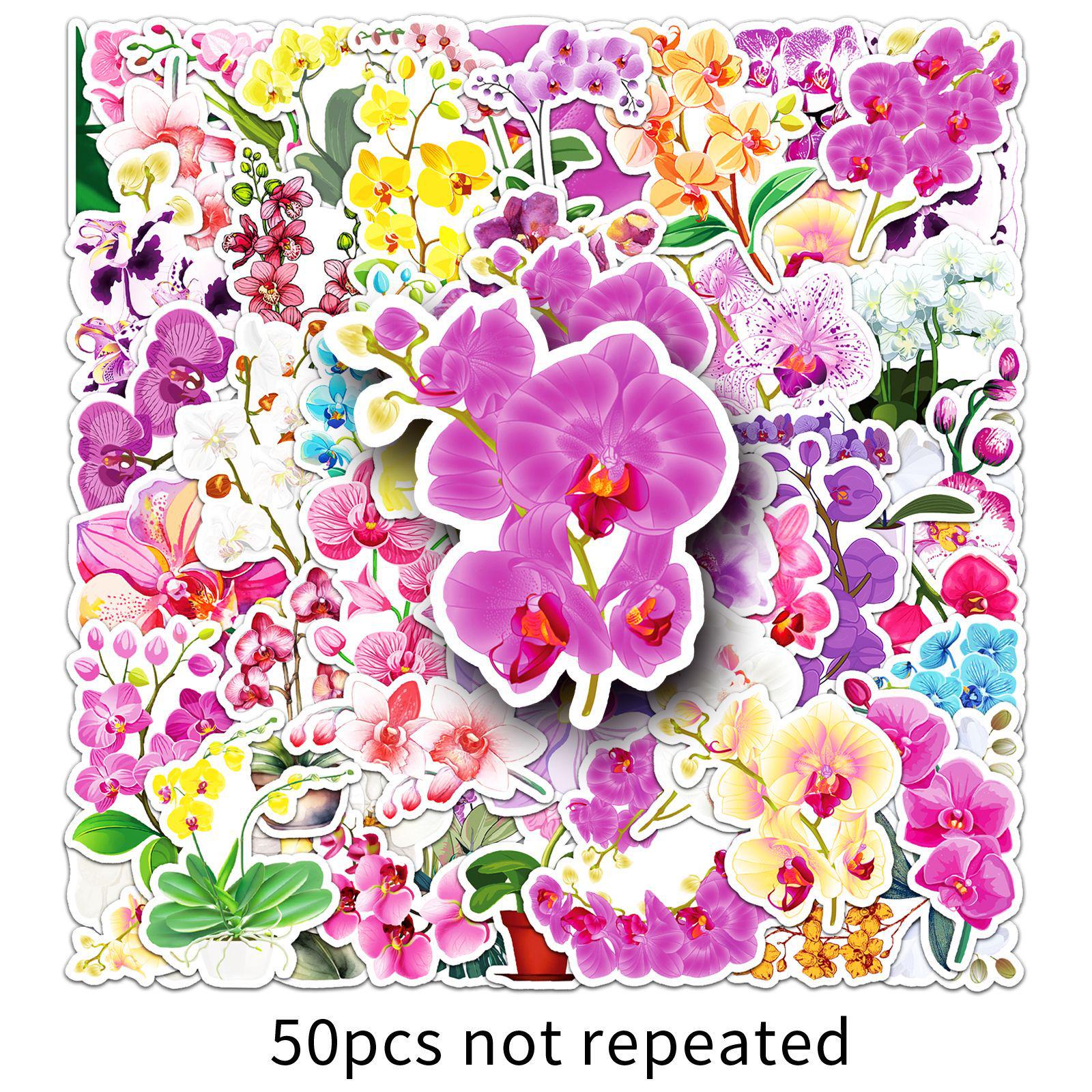50 Orchid Cartoon Flower Stickers: Waterproof, Decorative for Water Bottles & Journals