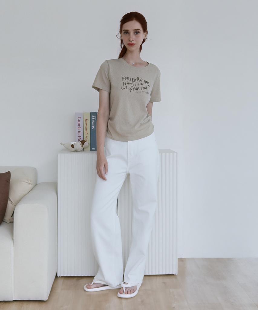 Keulleiseu Lettering Cool Loose Fit Short Sleeve T-Shirt_Beige