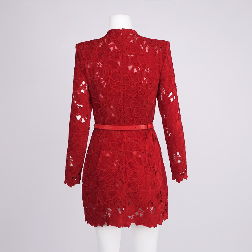 Autumn Red Lace Zipper Dress: Long Sleeve Christmas Style Women's Fashion