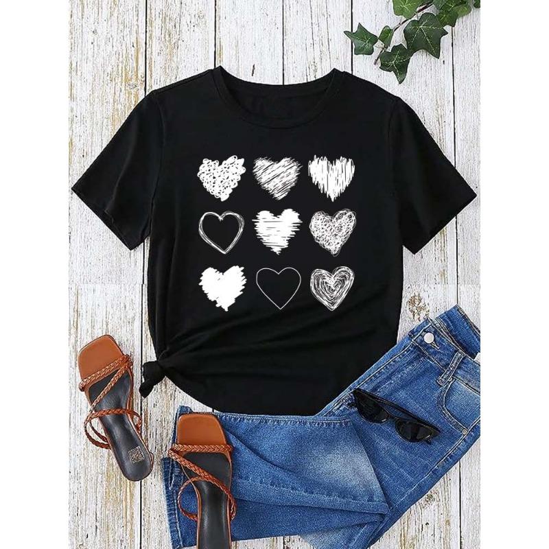 Red Heart Printed Women T-Shirts Fashion Streetwear Short Sleeve Tee Clothing Casual Soft Women Tops Valentine's Day T-shirt