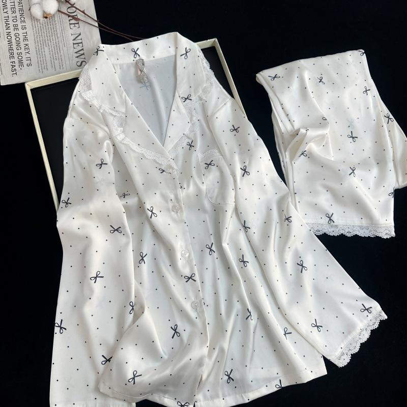 Yase Cream Polka Dot Bow Pajamas with Lace Trim - Cute and Girly Spring Collection Medium