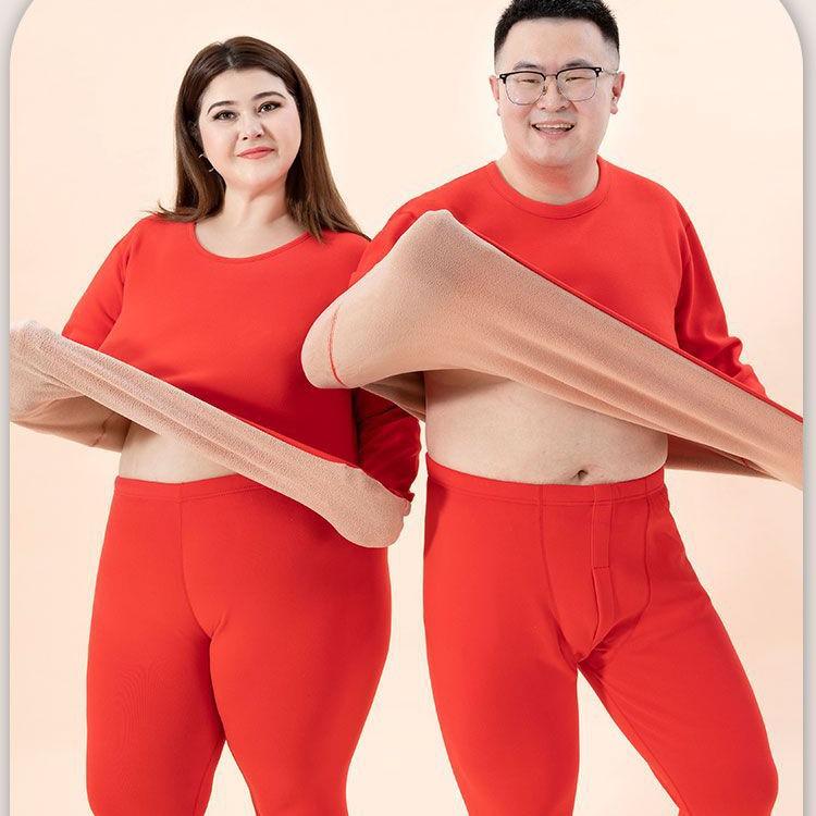 "Unisex Plus Size Thermal Underwear Set - Thick Lambskin, Round Neck for Autumn/Winter"