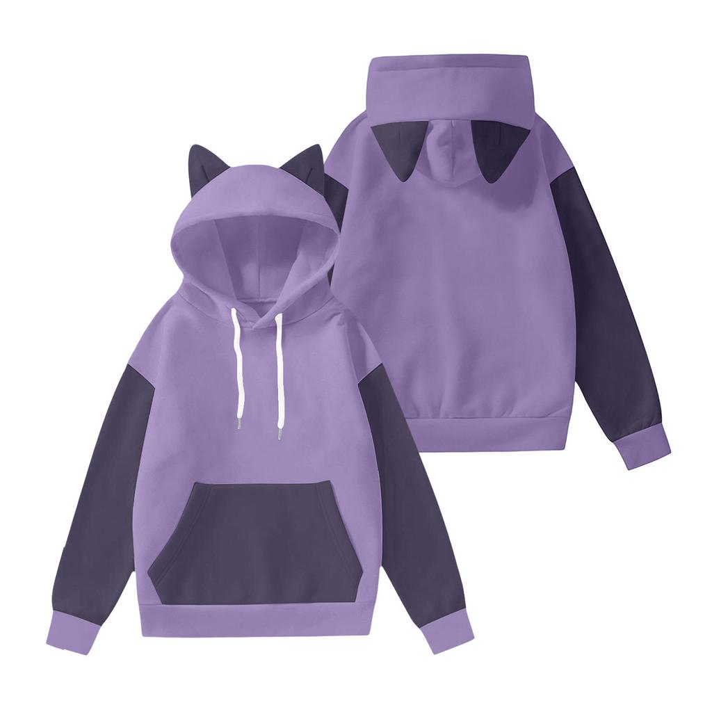 Women's Fashion Long-Sleeved Color-Blocked Printed Hooded Sweatshirt With Ears