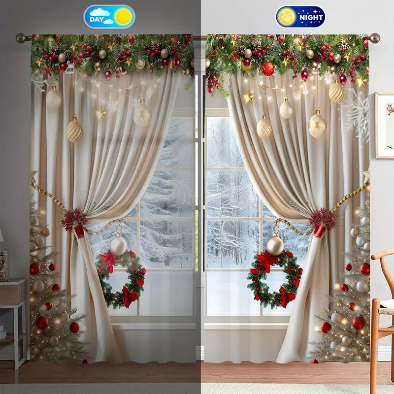 Set Of 2 Christmas Printed Curtains Suitable Home Decoration Bedrooms Living Rooms Luxury Made Polyester Great Room Window Treatment