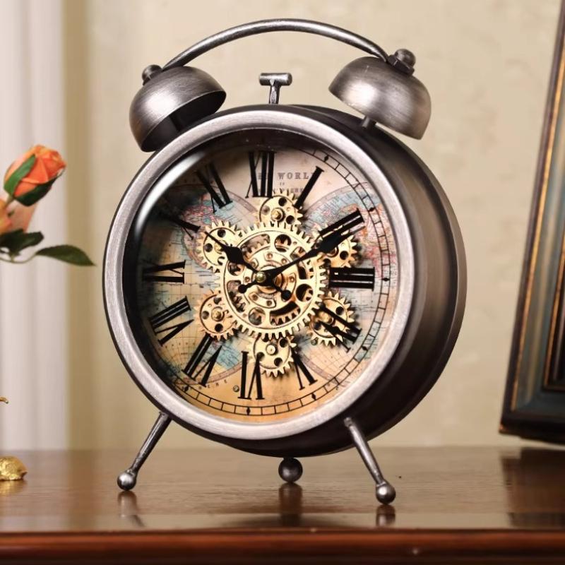 Retro Luxury Table Clocks Gear Mechanical Round Alarm Clock Living Room Silent Desktop Watch Creative Office Desk Ornament