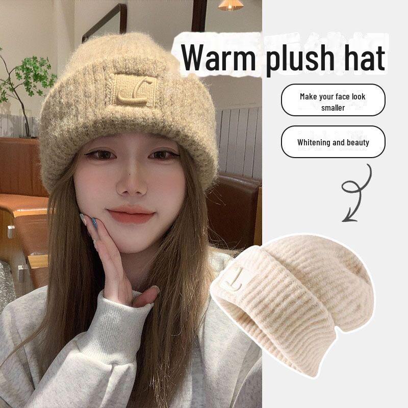 

Женская теплая вязаная шерстяная шапка большого размера с защитой ушей для осени и зимы чёрный