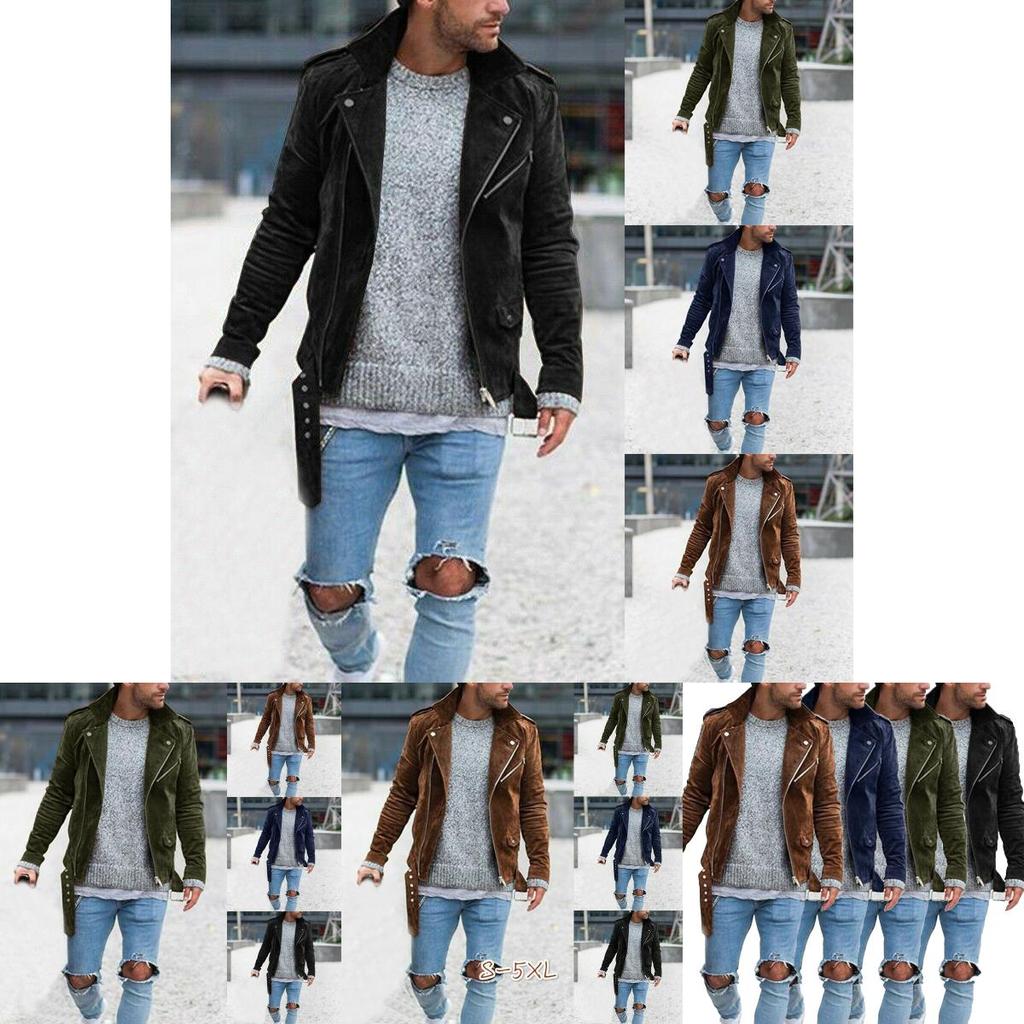 Men's Slim Faux Suede Leather Jacket With Lapel Collar And Zipper Closure For Autumn