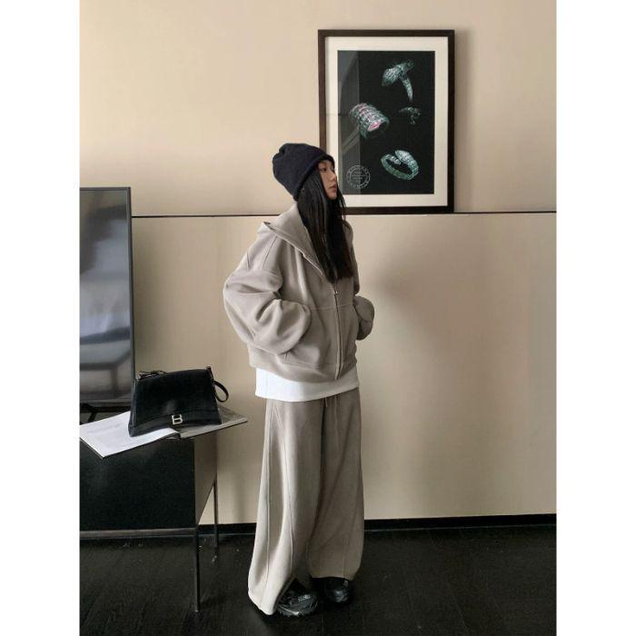 

Women s Spring/Autumn Korean Street Style Hoodie & Jogger Set - Loose, Slimming, Fashionable L грязно-белый