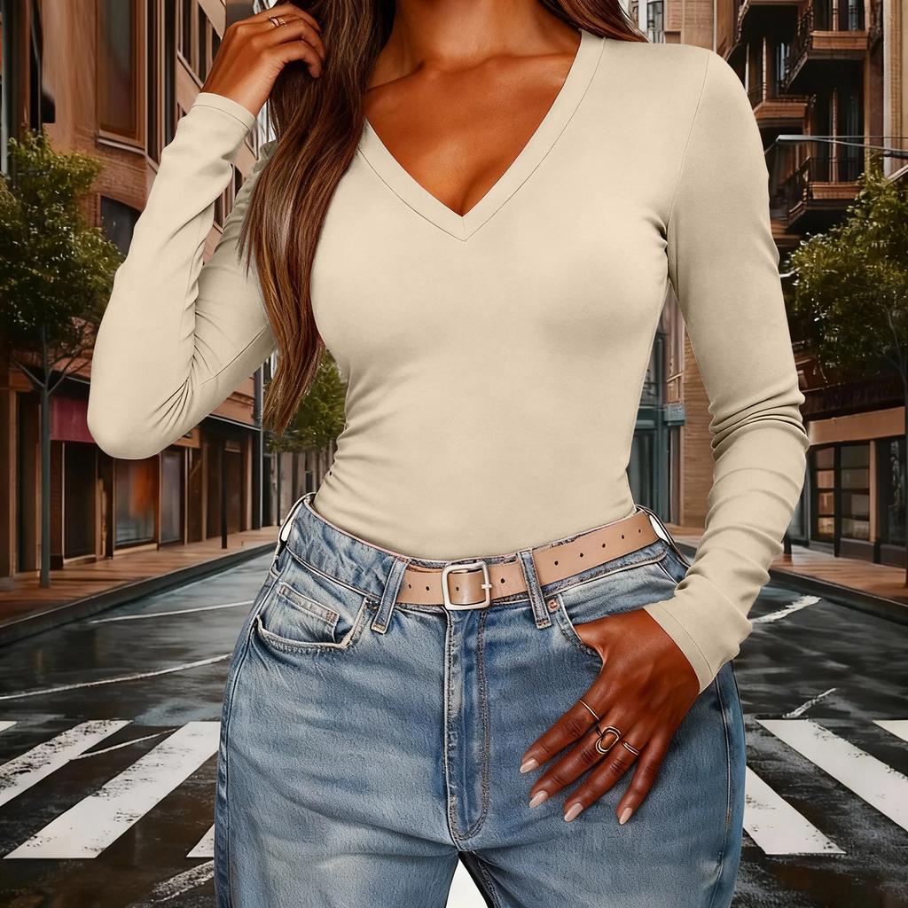 Women's Color V,Neck Slim,Fit Long,Sleeve Top