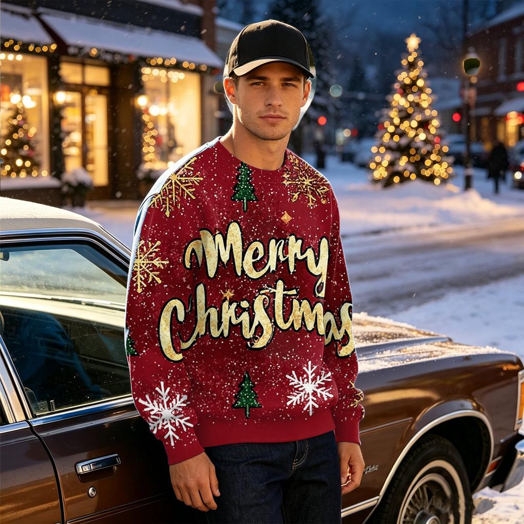 Men's Casual Loose Fit Printed Neck Long Sleeve T-Shirt for Daily Wear