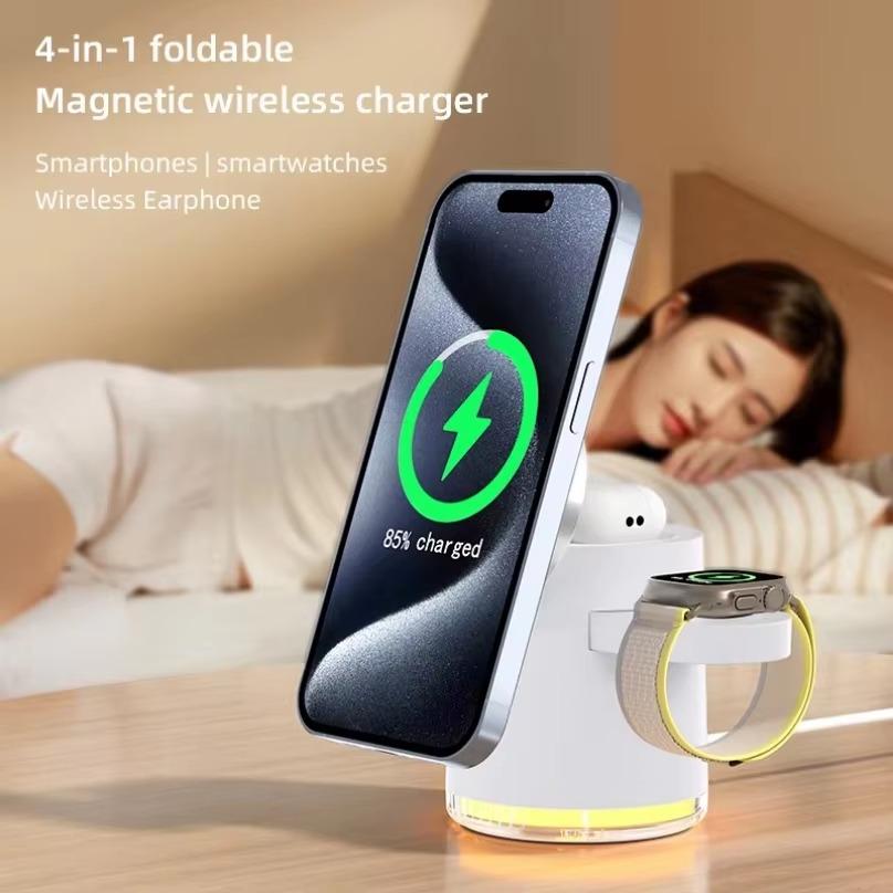 4 in 1 Fast Charging Dock Stand QI2 Wireless Charger Night Light For Magsafe iPhone 16 15 14 Pro Max Airpods Pro 2-8 Apple Watch