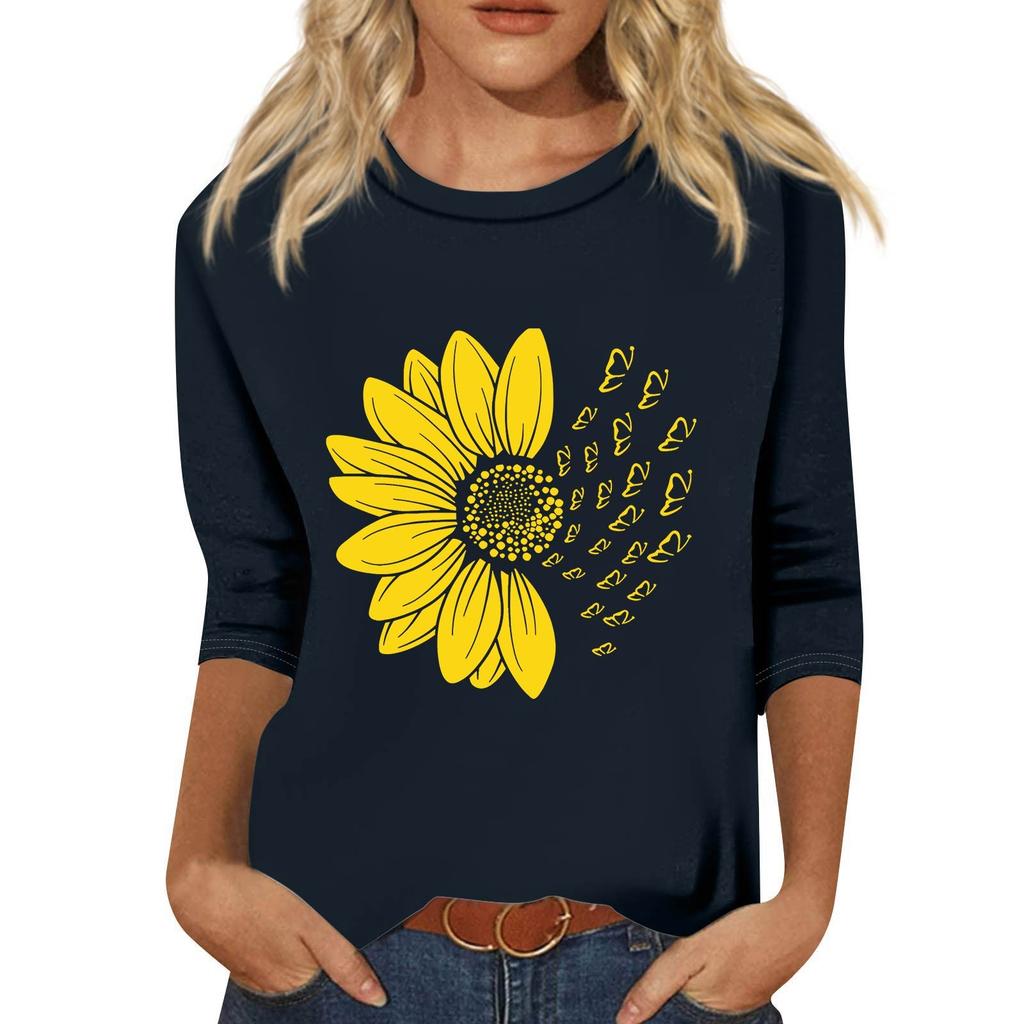 Women's Fashion Loose Casual Seven 3/4 Sleeve Printed Round Neck Pullover Top