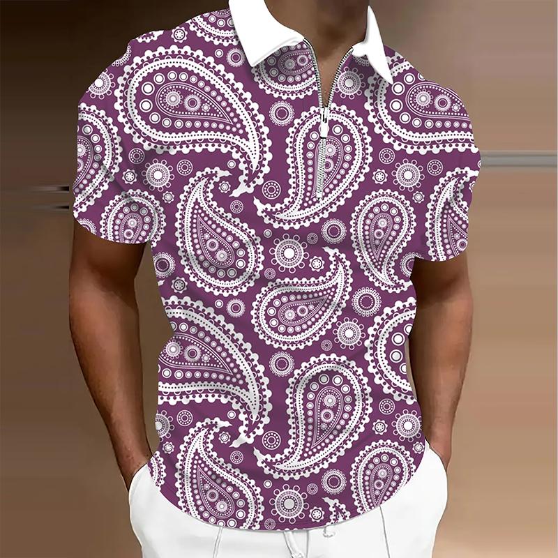 Men's  Shirt Polo Casual Zip Short Sleeve Fashion Casual Zipper Summer Spring Regular Fit 3D Retro Print Shirt