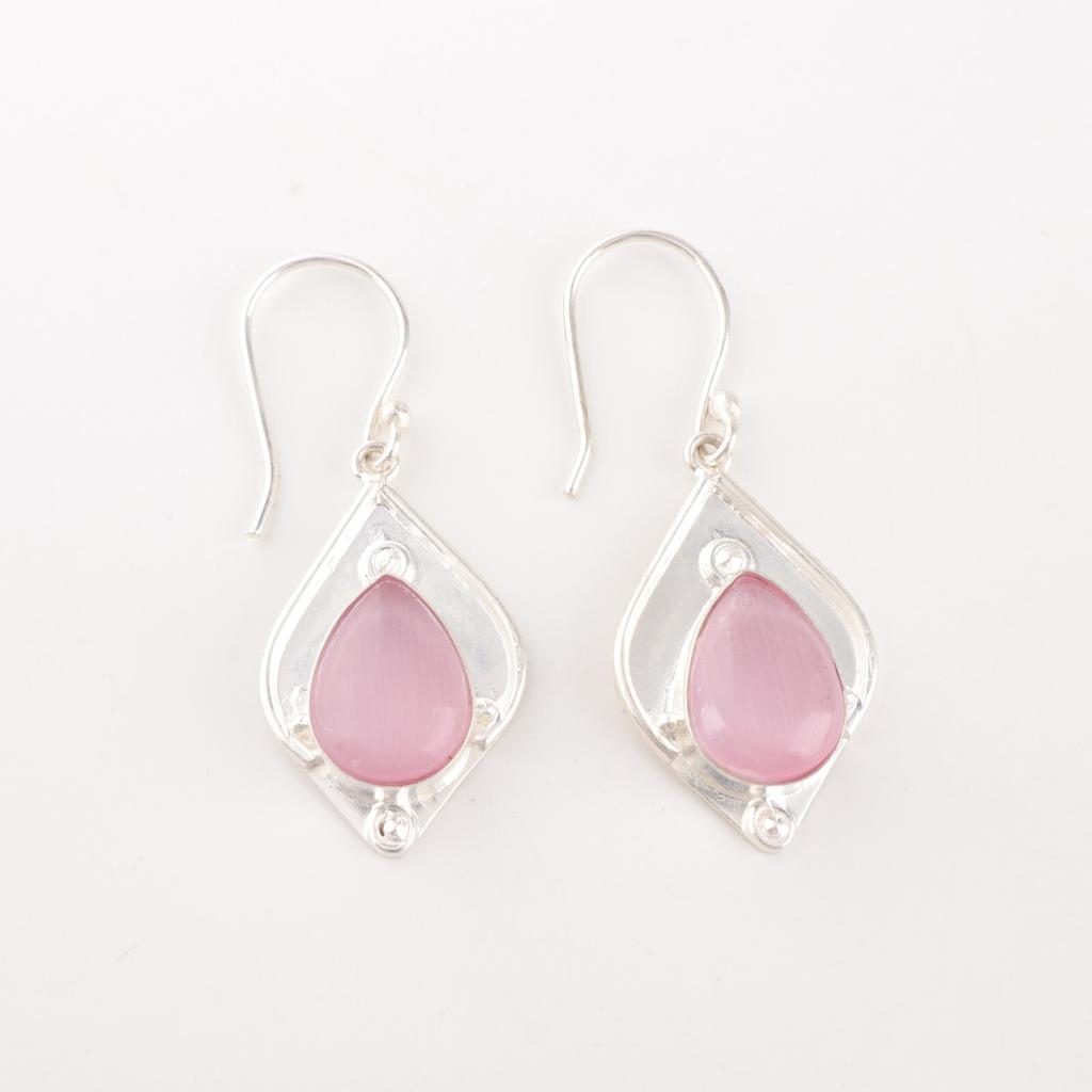 Pierre gemme œil de chat rose Bijoux en argent 925 poinçonné Boucles d'oreilles à crochet faites à la main 1,90" EE-35-44