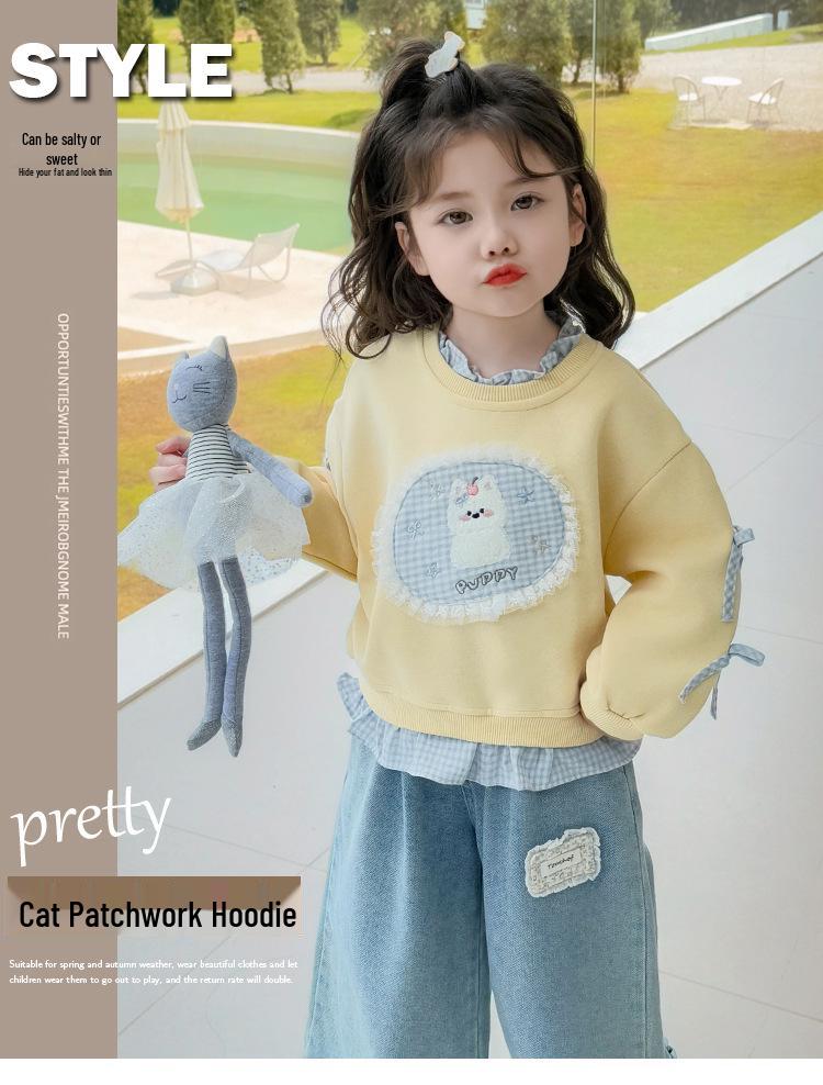 Cartoon-Sweatshirt für Mädchen mit Rundhalsausschnitt - Trendiger koreanischer Stil 2025, Frühling/Herbst, Vielseitiges Freizeit-Oberteil für kleine Mädchen