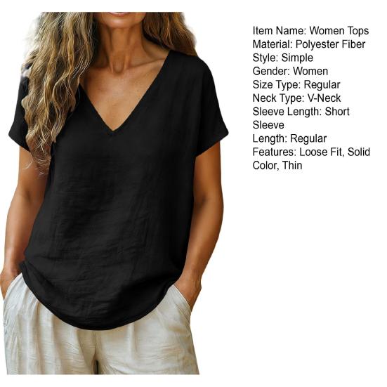 Women Tops V-Neck Short Sleeve Loose Fit Tee Tops Pure Color Casual Summer Blouse