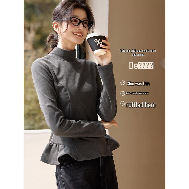 XWI Women s Mock Neck Ruffle Hem De-Velvet Thermal Top L