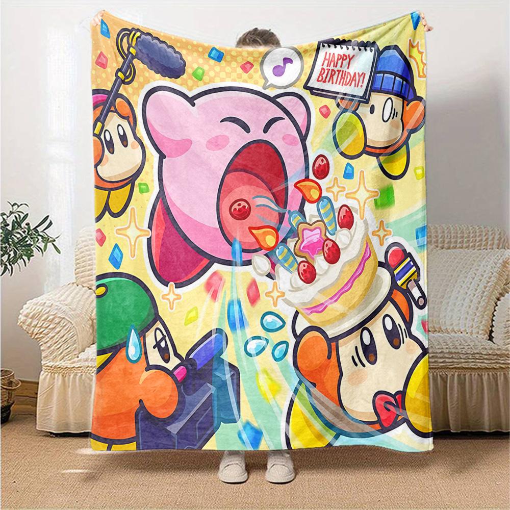 Kirby Birthday Cartoon Art Flannel Blanket Super Soft Warm Cozy Blanket for Sofa Bed Office Travel All‑Season Home Decor Gift