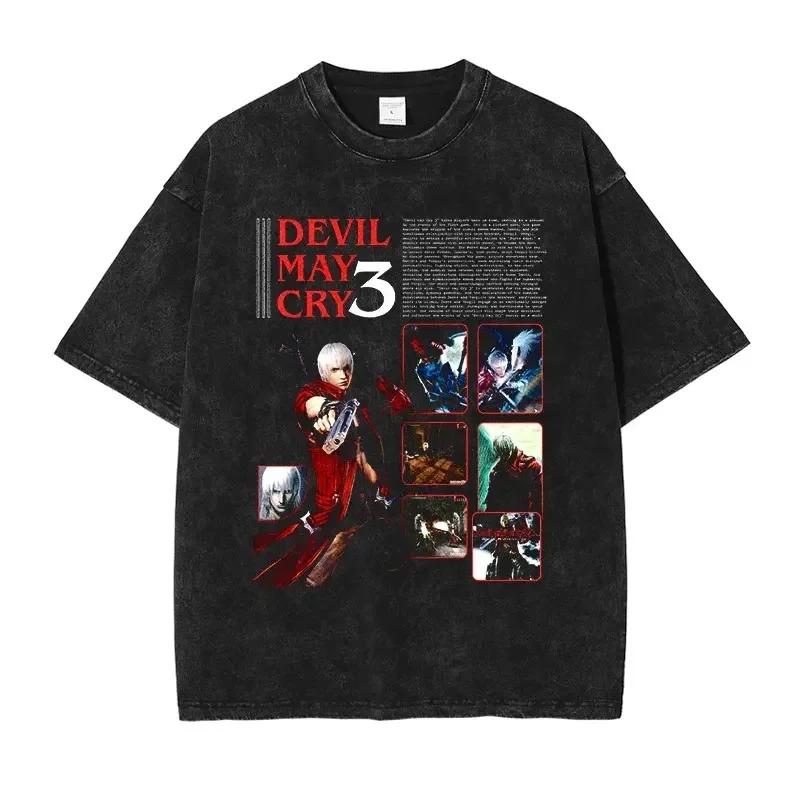 Dante Vergil Nero T Shirt Hip Hop PC Game Devil May Cry Vintage Washed Tops Tees Oversized Short Sleeve T-shirt Man 100% Cotton