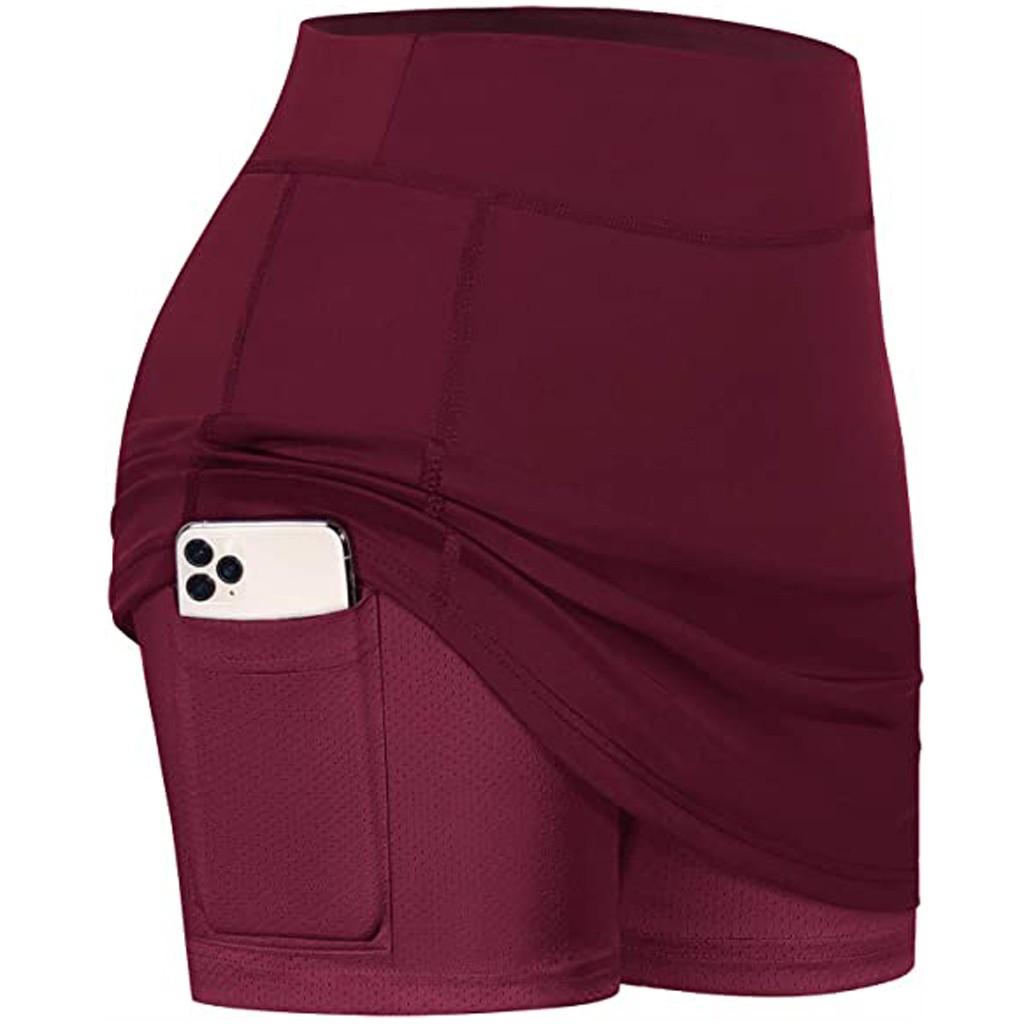 

Women s Tennis Skirts Run yoga Inner Shorts Elastic Sports Golf Pockets Skorts L винний