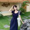 Plus Size Elegant French Style High Waist Bowknot Dress - Short Sleeve, Solid Color, Skin-Brightening, Slimming, Long Length