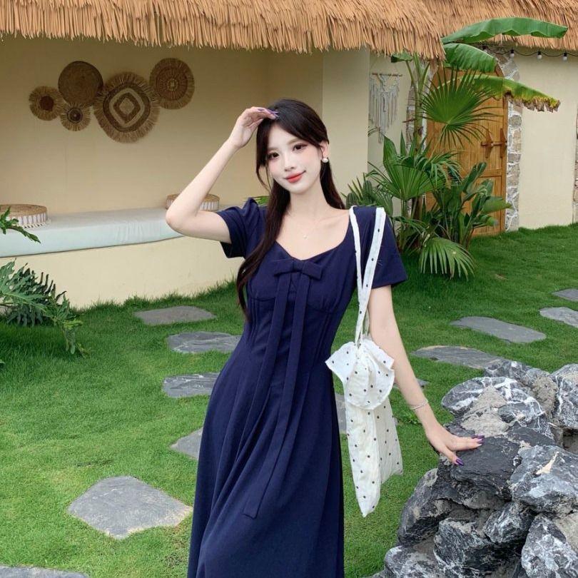 Plus Size Elegant French Style High Waist Bowknot Dress - Short Sleeve, Solid Color, Skin-Brightening, Slimming, Long Length