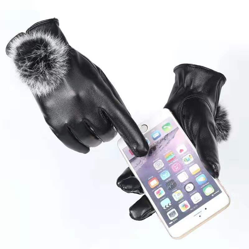 New Autumn and Winter Warm Gloves Plus Velvet Cold Proof Women's PU Leather Gloves Rabbit Hair Ball Play Mobile Phone Touch Screen Gloves