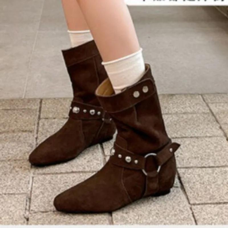 2024 Suede Women's Ankle Boots Low Heel Rivets Women's Shoes Winter New Women's Fashion Show Classic Ankle Boots Botas Mujer