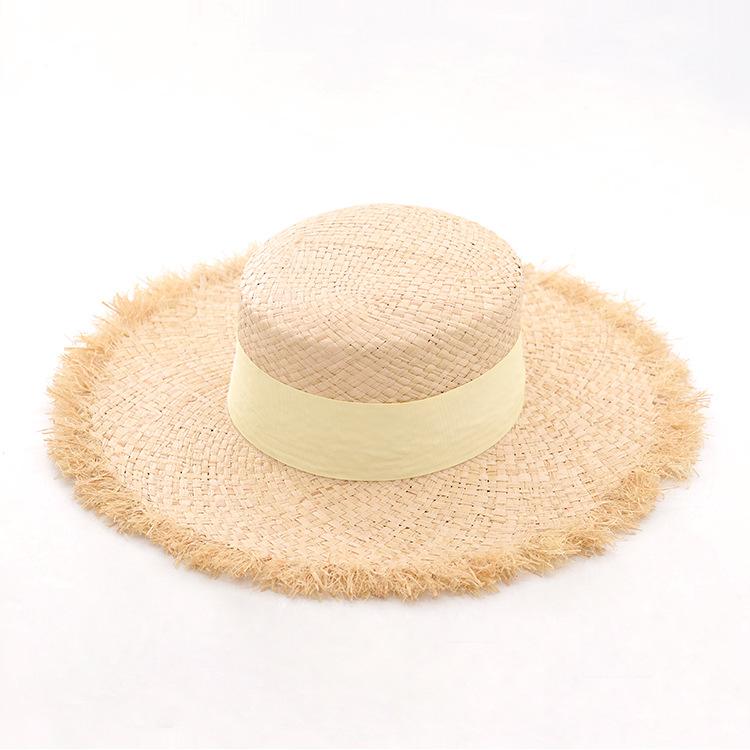 Summer new raffia rough edge flat top big brim straw hat multi-color webbing raffia flat top hat beach hat