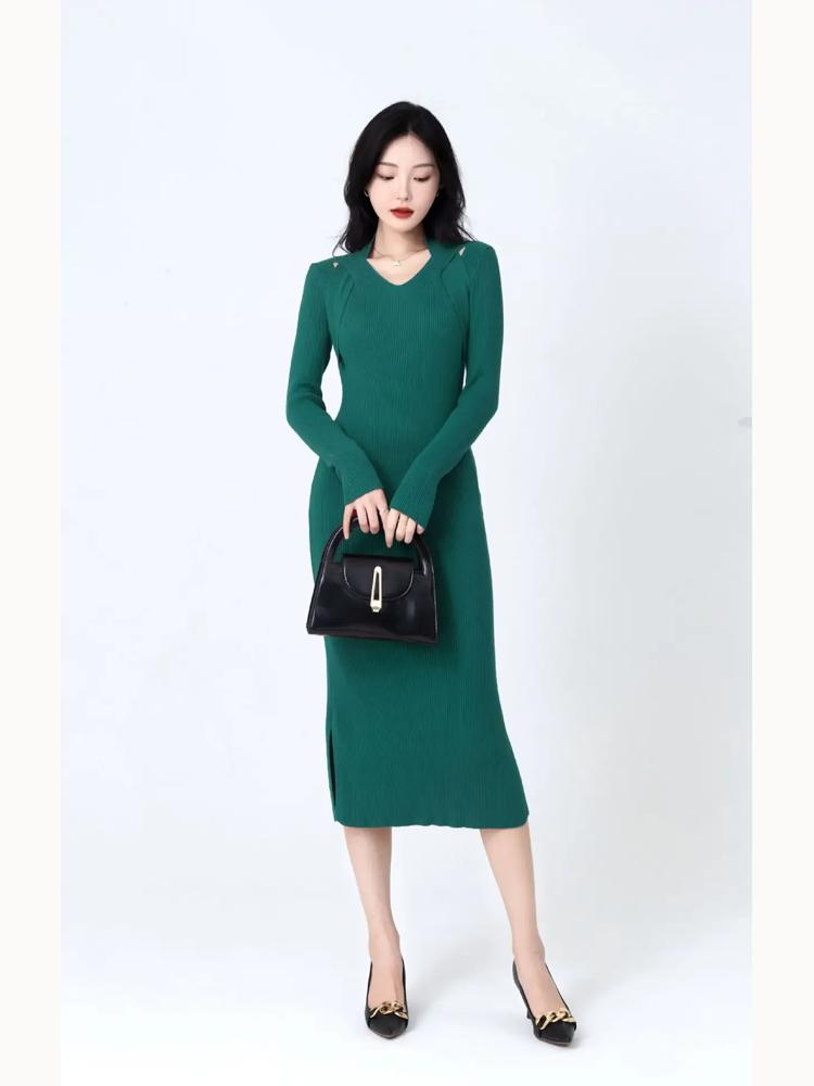 

Элегантное женское трикотажное платье, темпераментное ретро-платье с вырезом, осень-зима, модные женские платья с длинными рукавами и юбкой для женщин 2025 S зелёный