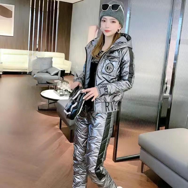 

Зимняя хлопковая одежда, хлопковые куртки, хлопковые брюки, спортивная мода, комплект из двух предметов, женская одежда для фитнеса и бега, свободный корейский комплект M серый