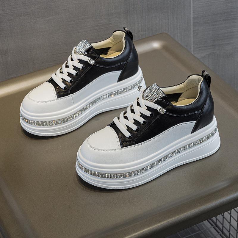 Women's White Platform Sneakers with Rhinestone Elastic Laces - Genuine Leather, Thick Sole, 7cm Height Boost, Lightweight & Versatile.