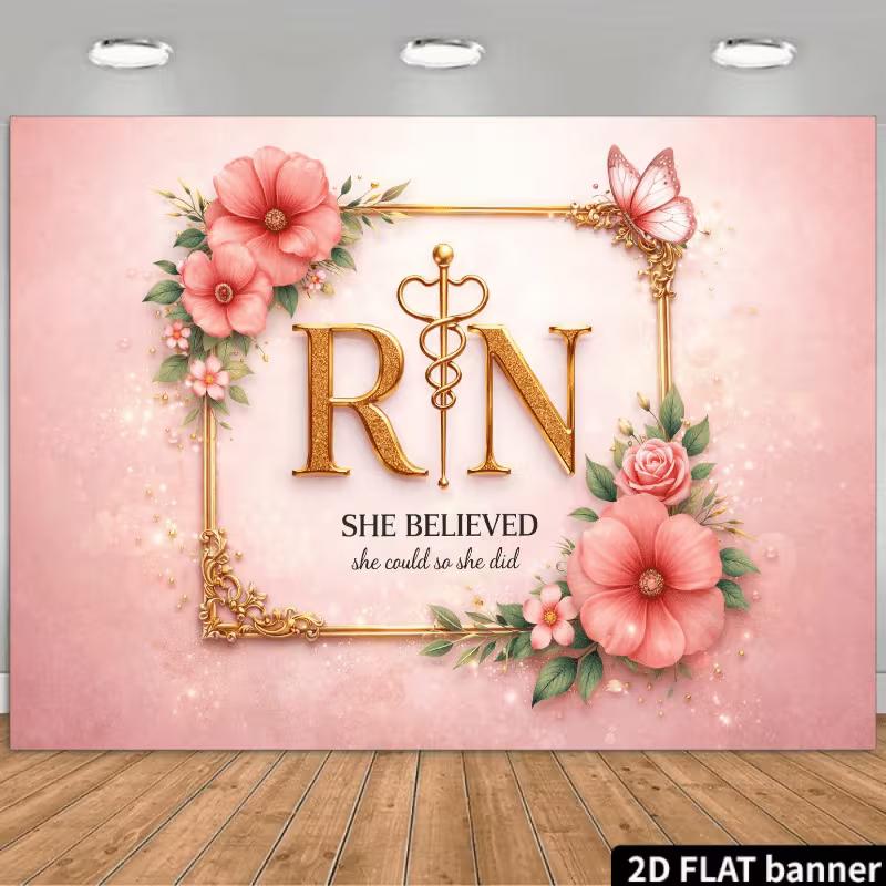 

2D Elegant Pink Gold RN Registered Nurse Graduation Decor Banner 47.2x31.5inch/120*80cm