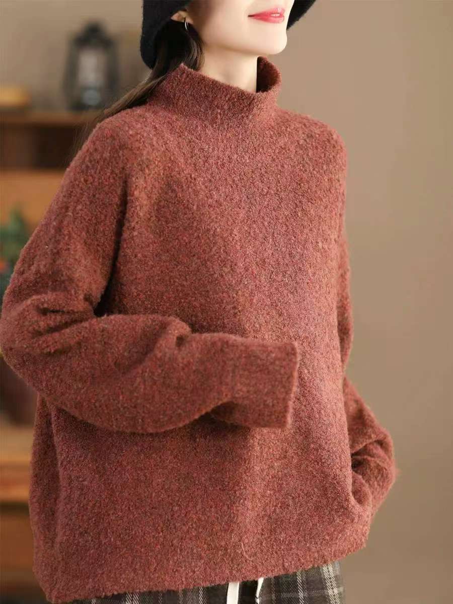 

Johnature Женский зимний модный ретро однотонный водолазка свободный свитер с длинными рукавами винтажный стиль повседневный свитер One Size красный