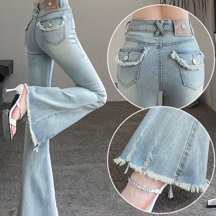

Women s High-Waisted Slim Fit Micro-Flare Jeans - Stretchy, Horse-bit Detail, Floor-Length, Perfect for Spring and Autumn. XL 121-130 lbs