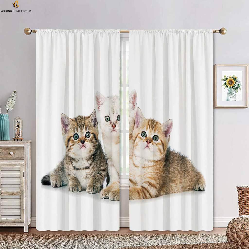 Set Of 2 Cat Animal Pattern Decorative Curtains Cartoon Cute Boys Girls Bedroom Children Room Polyester Fiber Printing Curtain For Made