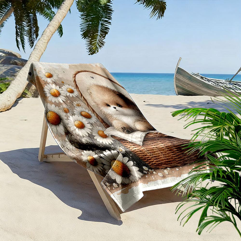 Fluffy charm amidst daisies Print beach towel, quick drying, suitable for travel, outdoor sports, jogging, the beach and swimming, gift