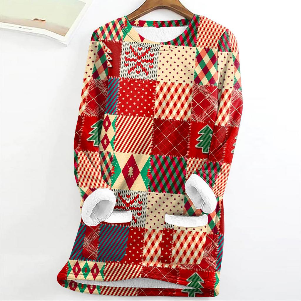 Women's Fashion Plaid Print Round Neck Long Sleeve Plush Winter Warm Pullover Top