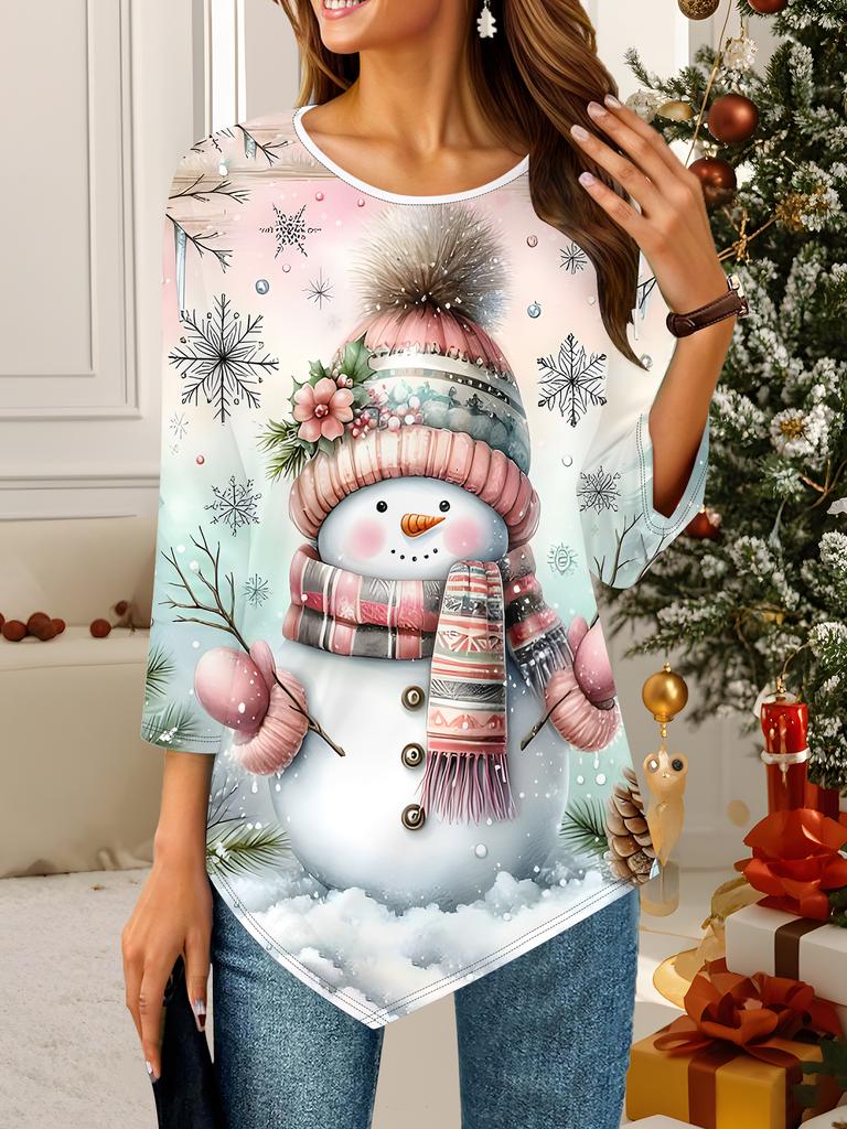 Women's Loose Round Neck Three Quarter Sleeve Tee 3D Christmas Pattern Ideal Halloween and Christmas Gift