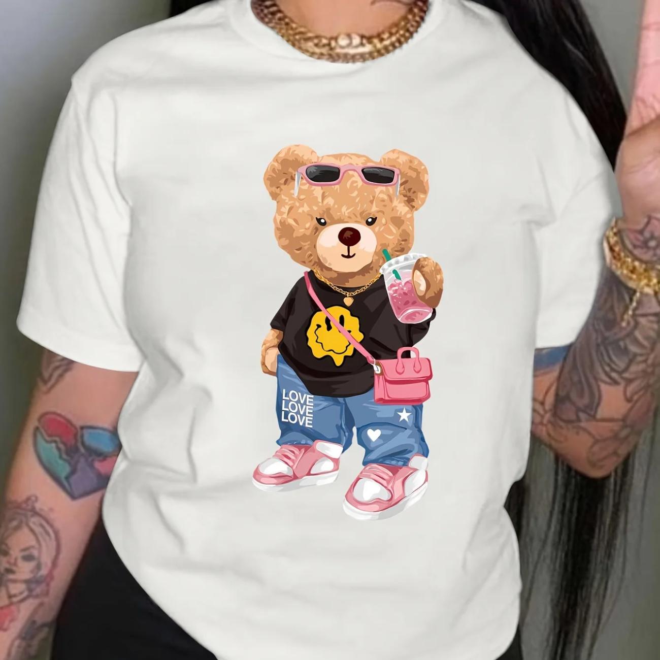 

Крутая футболка с принтом «Маленький медвежонок», повседневный топ с круглым вырезом с короткими рукавами для лета и весны, женская одежда XL белый